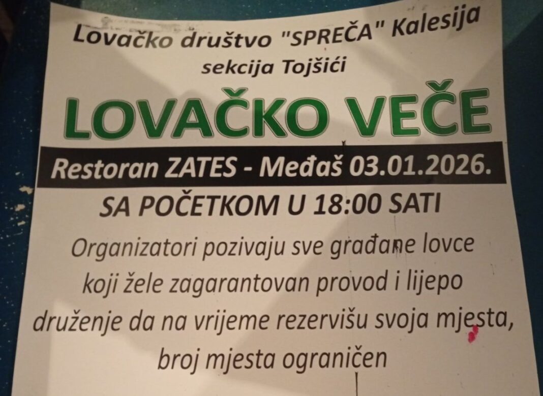 Lovačka sekcija Tojšići: U subotu 3. januara tradicionalno lovačko veče Lovačka sekcija Tojšići: U subotu 3. januara tradicionalno lovačko veče