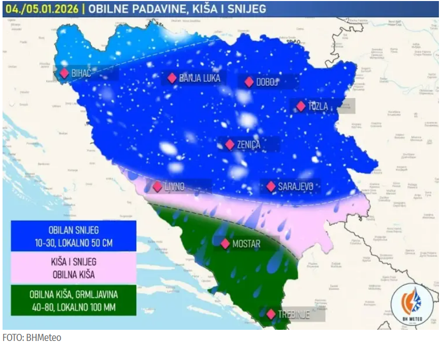Pogledajte gdje će ovih dana najviše pasti snijega u BiH Pogledajte gdje će ovih dana najviše pasti snijega u BiH