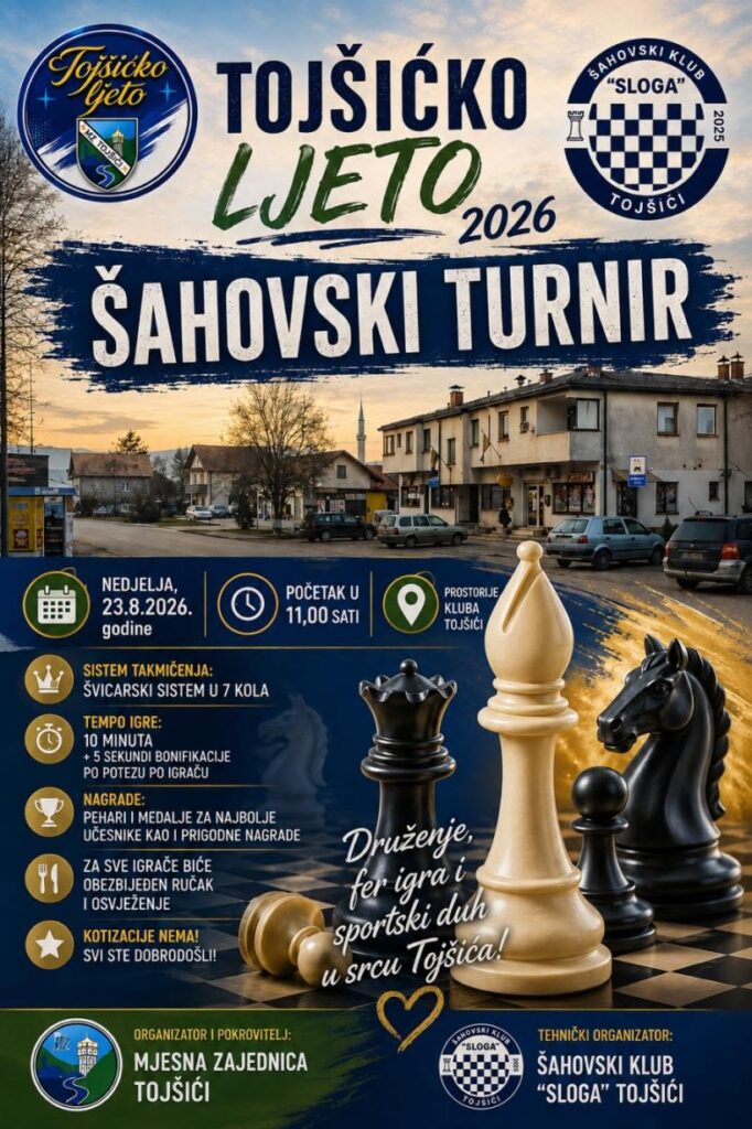 “Tojšićko ljeto 2026”: U nedjelju šahovski turnir “Tojšićko ljeto 2026”: U nedjelju šahovski turnir